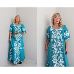 1990's Vintage Creations Hawaiian Aqua Maxi Dress ~ Women's LG XL ~ Tropical 90s